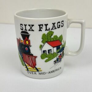 Vintage Six Flags Over Mid America Coffee Mug Cup Japan Ceramic Train, Log Rides